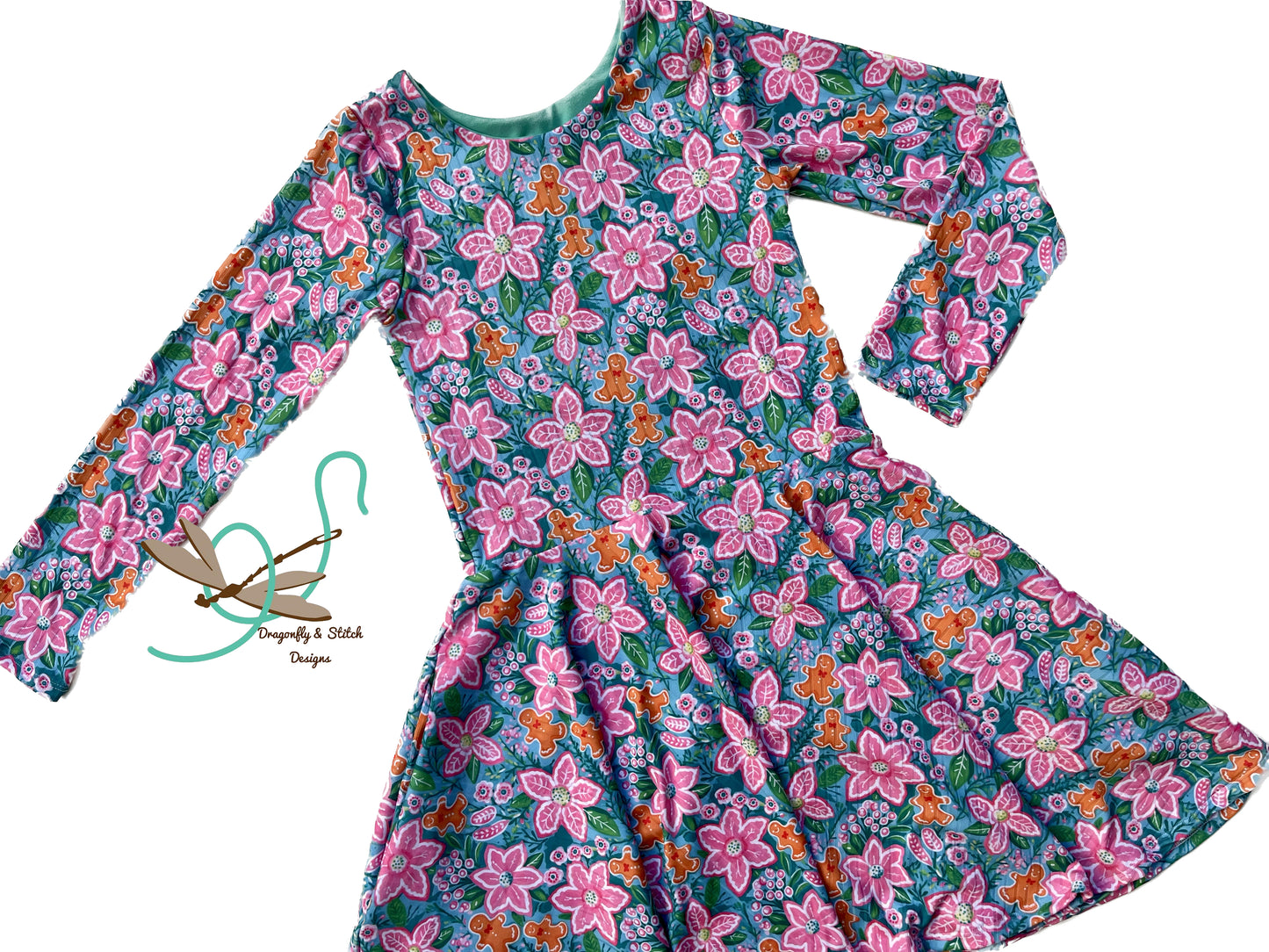 Gingerbread and Poinsettia Twirl dress Size 8 long sleeves