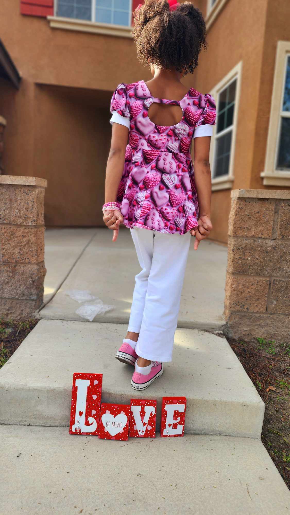 White and Pink 3-D Hearts Faux-Knit Puffed-Sleeve Peplum