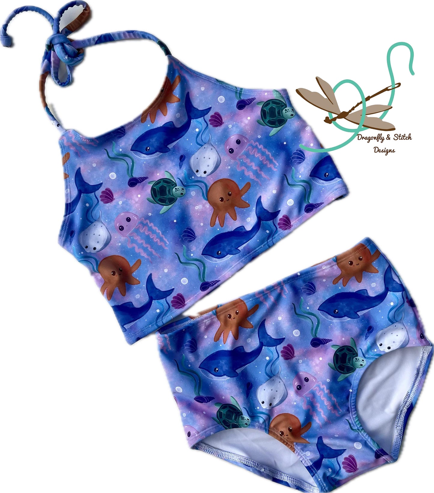 Sea Creatures Halter Swimsuit with high-waisted bottoms