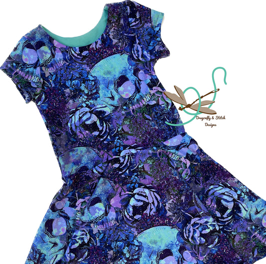 Purple Skulls and Hydrangeas Twirl Dress size 7