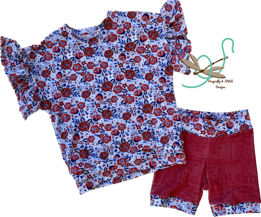 Red Roses Ruffle-Sleeve Dolman & Banded Shorts