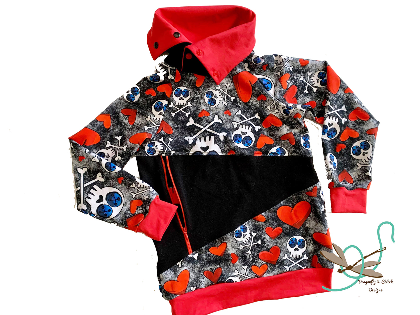 Skull and Crossbones Unisex Cowl Pullover with zipper pocket Size 7 unisex