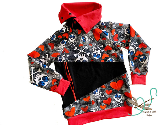 Skull and Crossbones Unisex Cowl Pullover with zipper pocket Size 7 unisex